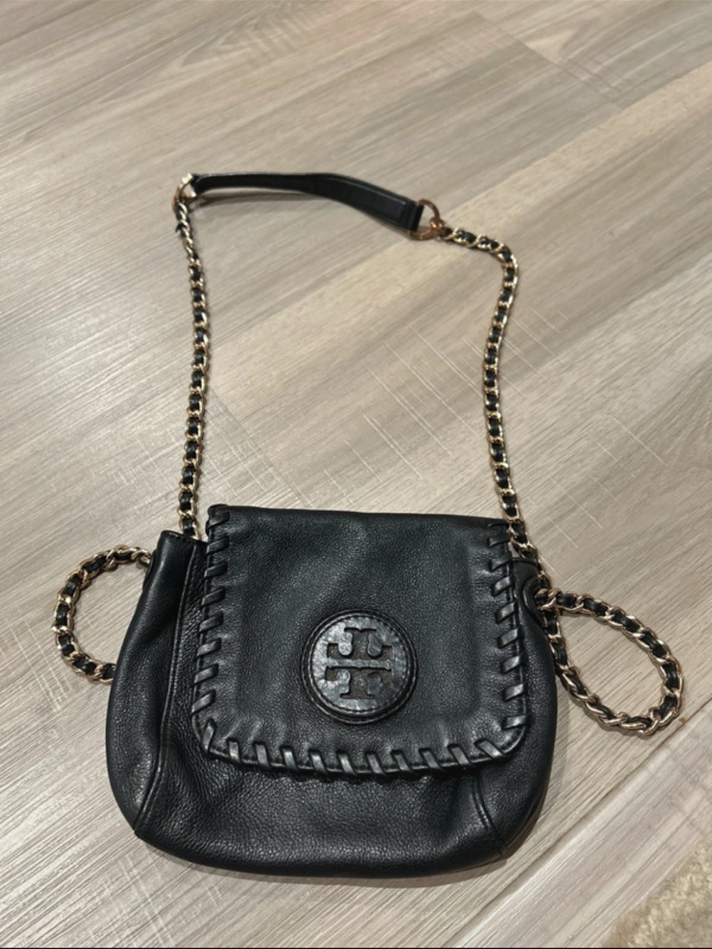 Tory Burch Black Leather Whipstitch Crossbody with Chain Strap
